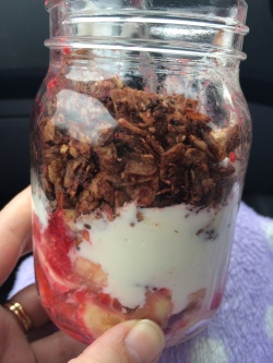 Chocolate Coco Nutty Granola Clusters with yoghurt and fruit